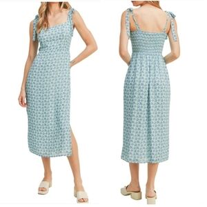 Lush Blue and Green Floral Midi Dress Bow Tie Straps Size Large